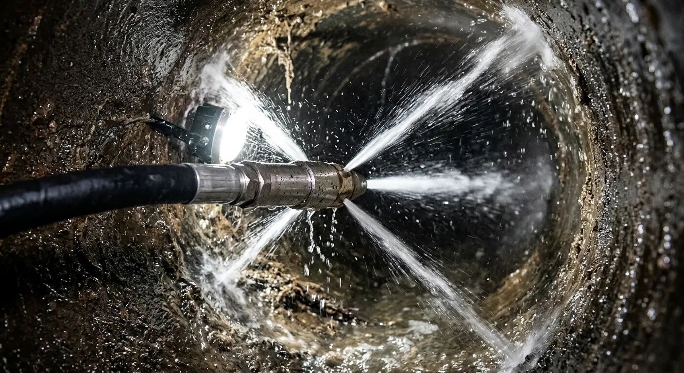High-pressure hydro jetting nozzle cleaning sewer pipe for Emergency Drain Service in Happy Valley