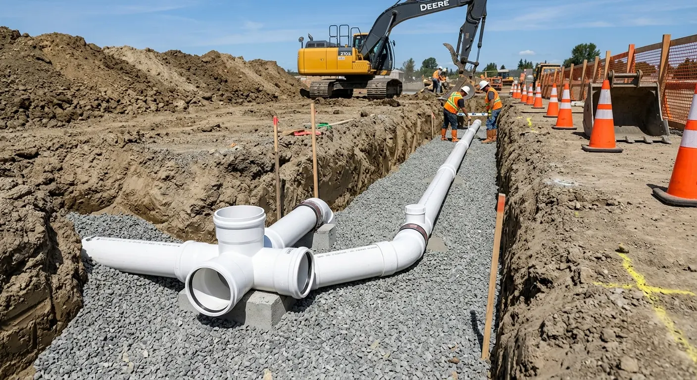 New PVC sewer pipe installation in open trench for Sewer Backup in Happy Valley